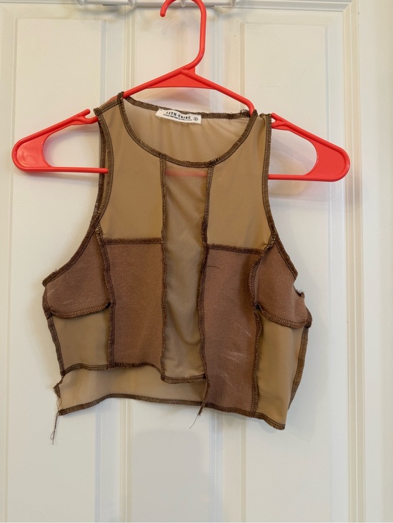 12th Tribe Tops - 12th Tribe Brown Patchwork Mesh Crop Top
